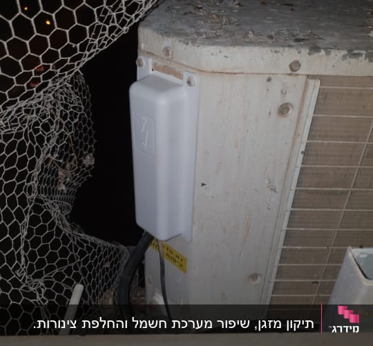 יחידת מזגן חיצונית עם כבלים ורשת הגנה